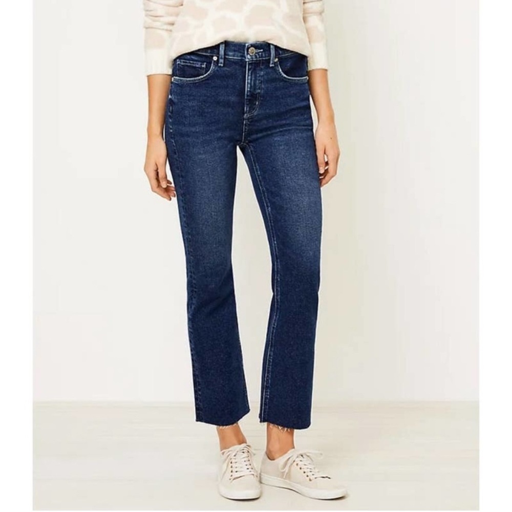 Loft High Rise Flare Crop Jeans Womens 29/8 Raw Hem Dark Wash 548049